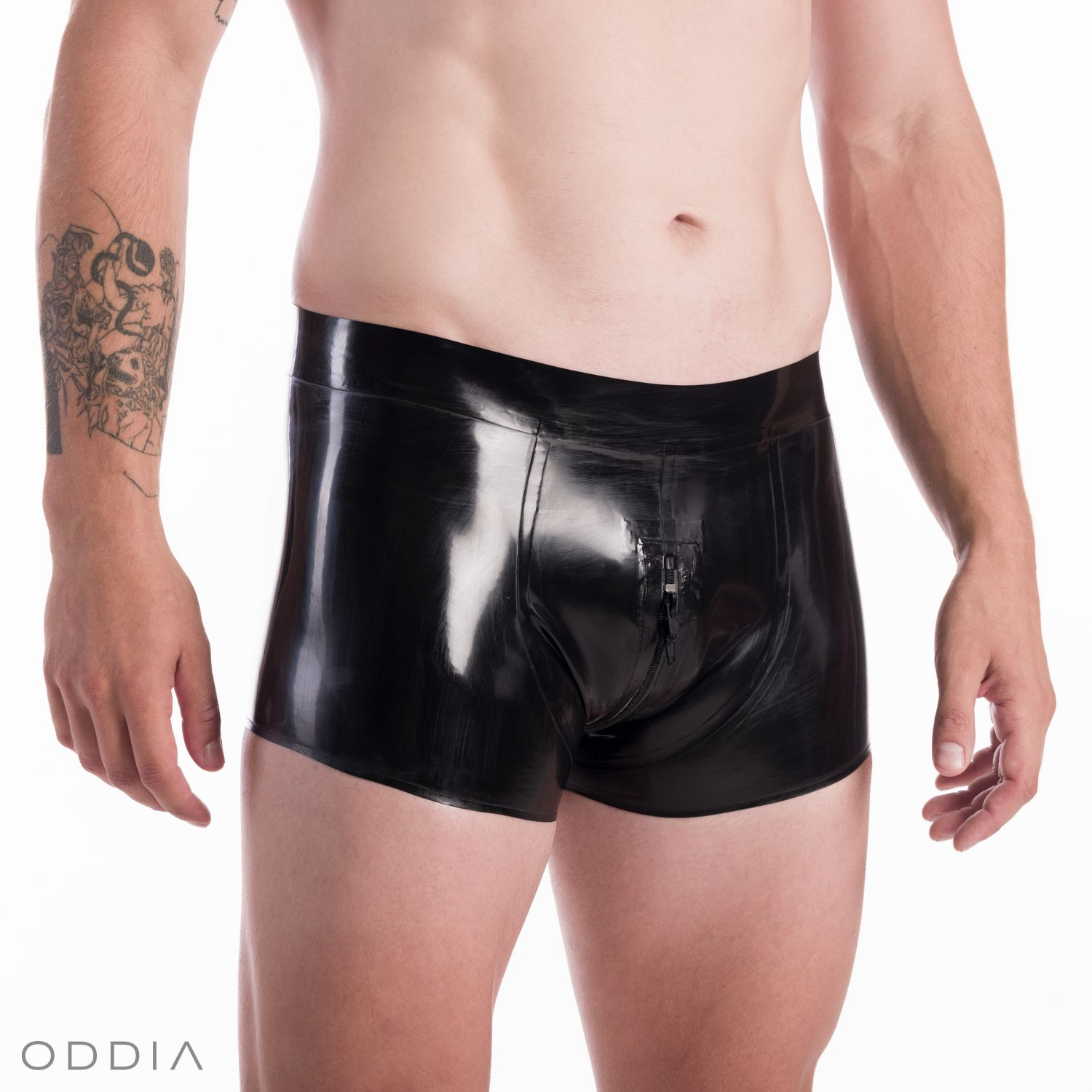 Men's latex trunks with dual zipper in the crotch