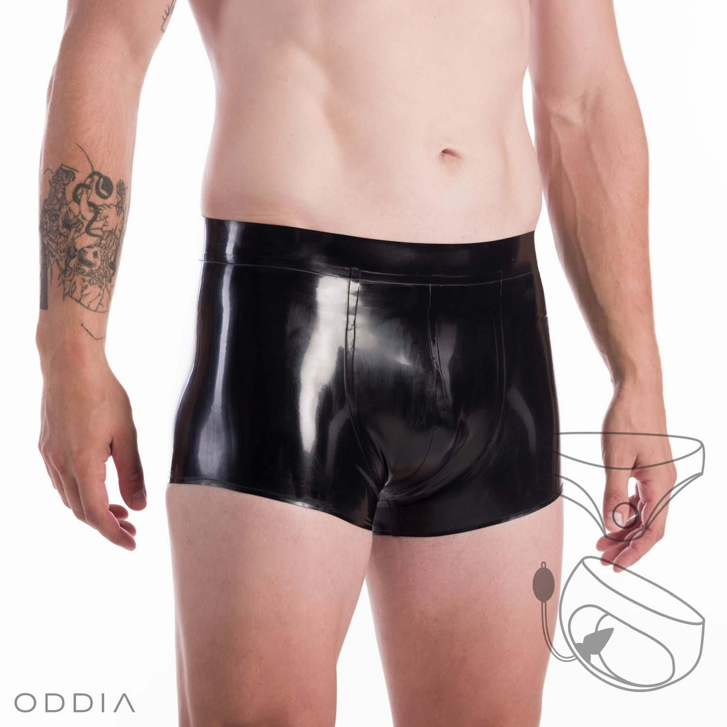 Men's latex trunks with attached inflatable anal dildo