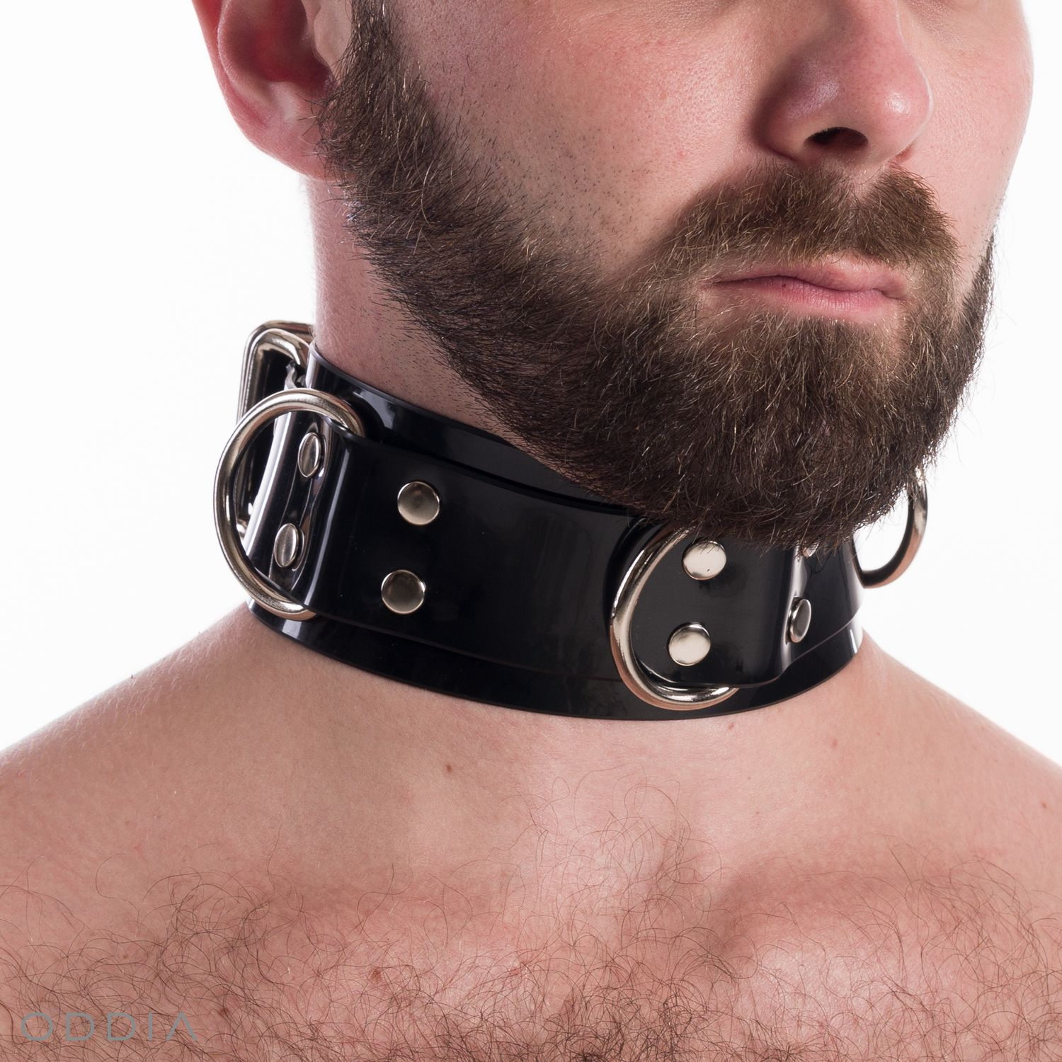 Black men's BDSM collar with rings for carabiner attachment