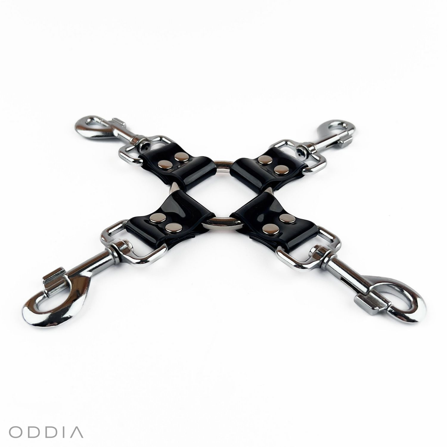 Black four-way bondage connector with carabiners