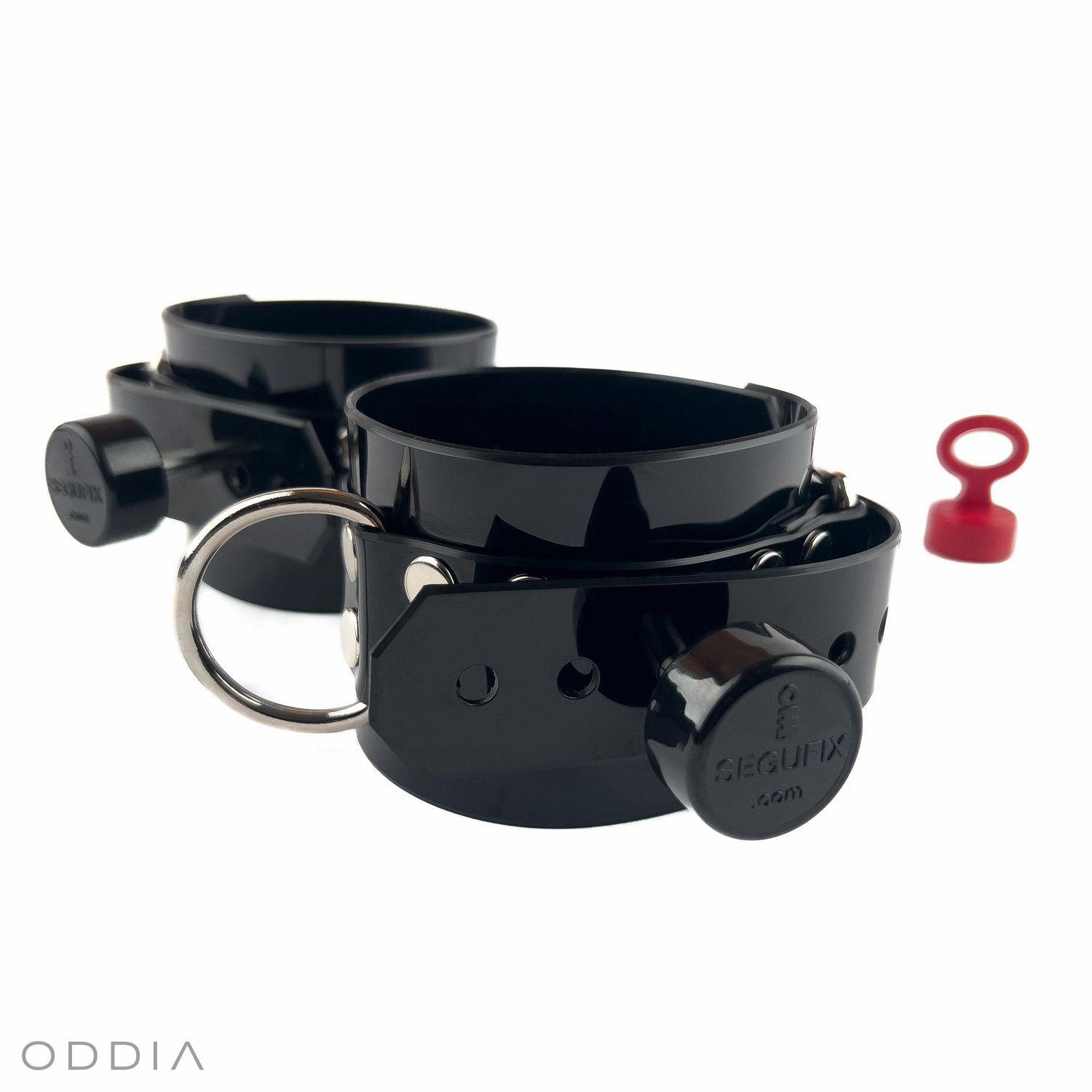 Black locking BDSM restraints with Segufix magnetic locks and high-quality silver-colored metalwork.