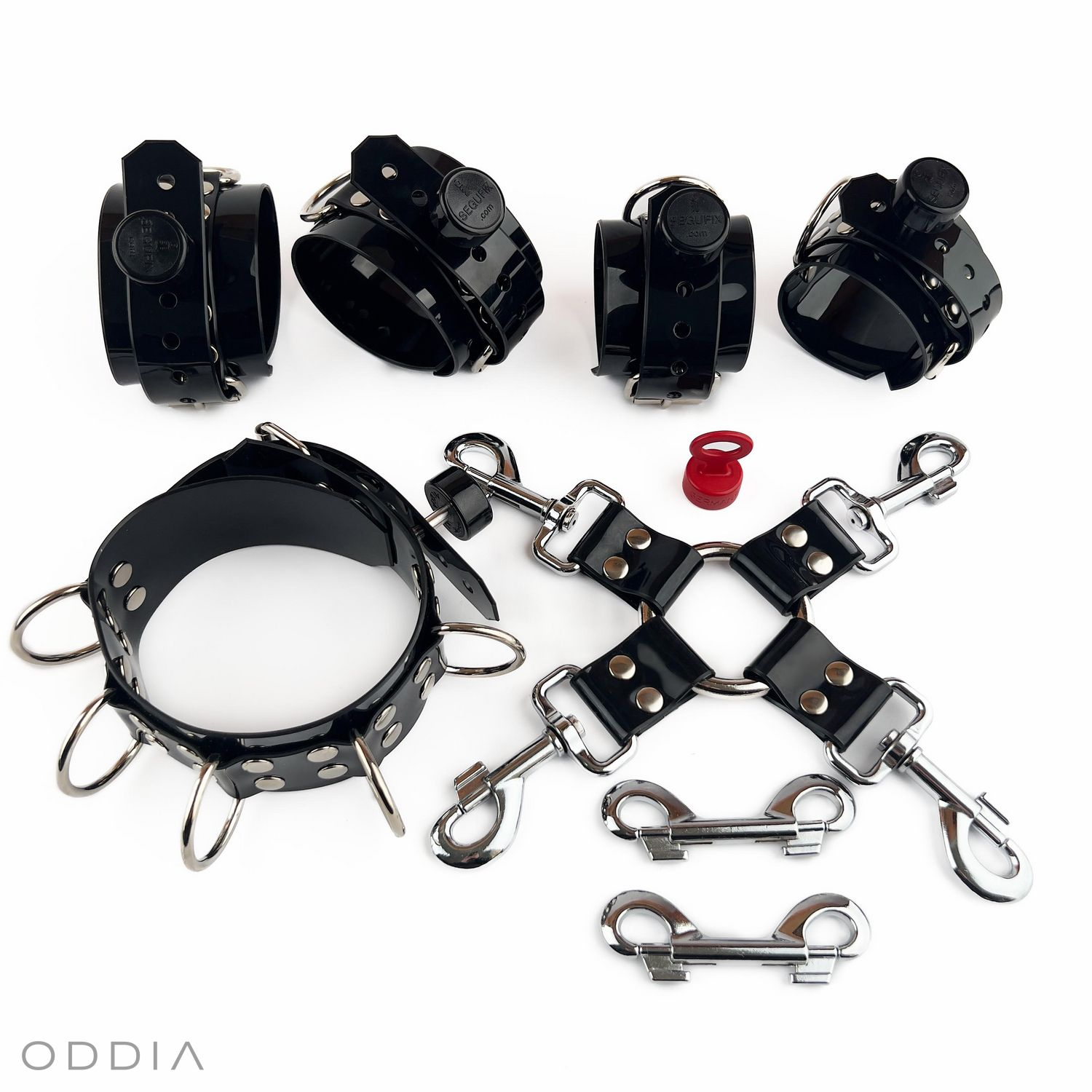 Ensemble BDSM de menottes noires pour les poignets et les chevilles et un collier, incluant des mousquetons et un connecteur cro