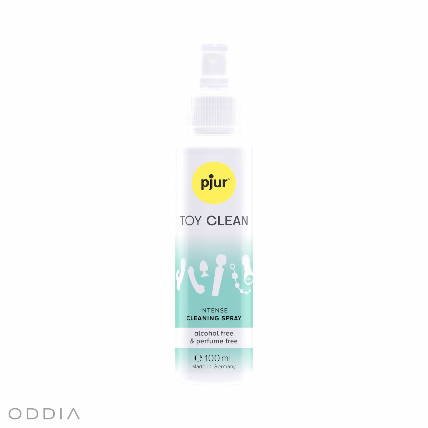 Bouteille avec vaporisateur du produit Pjur Toy Clean pour nettoyer les accessoires érotiques et BDSM