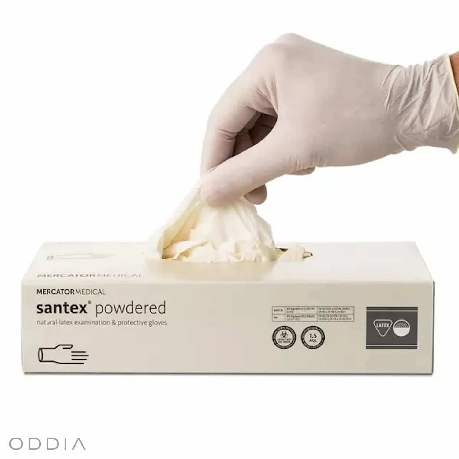 Hand in a disposable latex glove