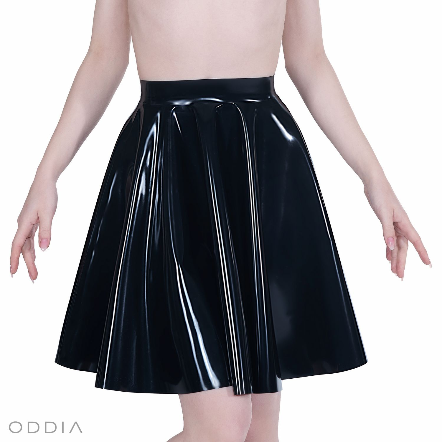 A knee-length latex circle skirt in black colour